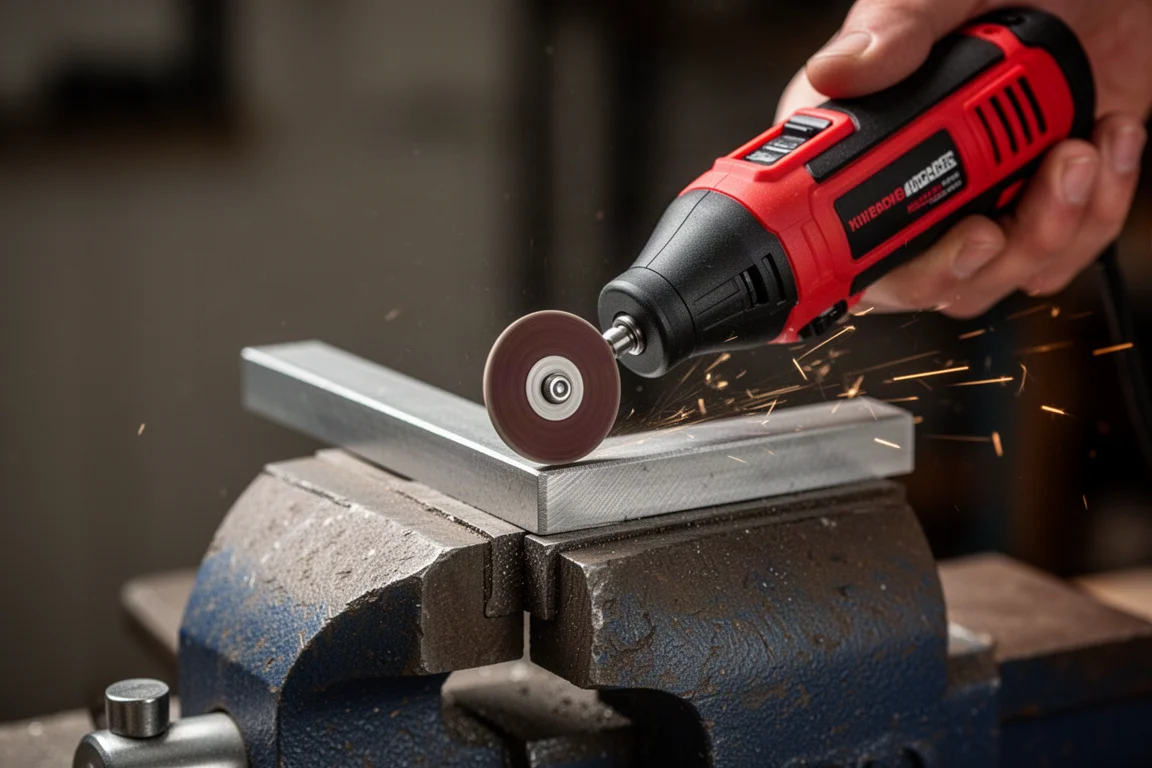 Cordless rotary tool grinding metal on a workshop bench with sparks