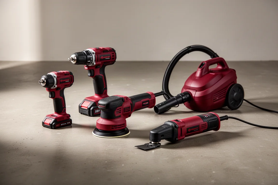 Collezione di utensili elettrici cordless Milwaukee rossi e neri su pavimento in cemento
