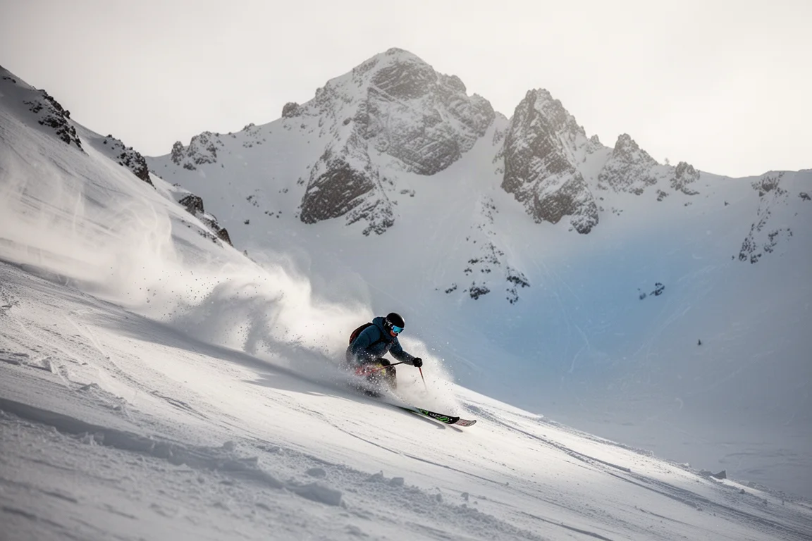 Skier dropping into a steep powder bowl below a ridgeline
