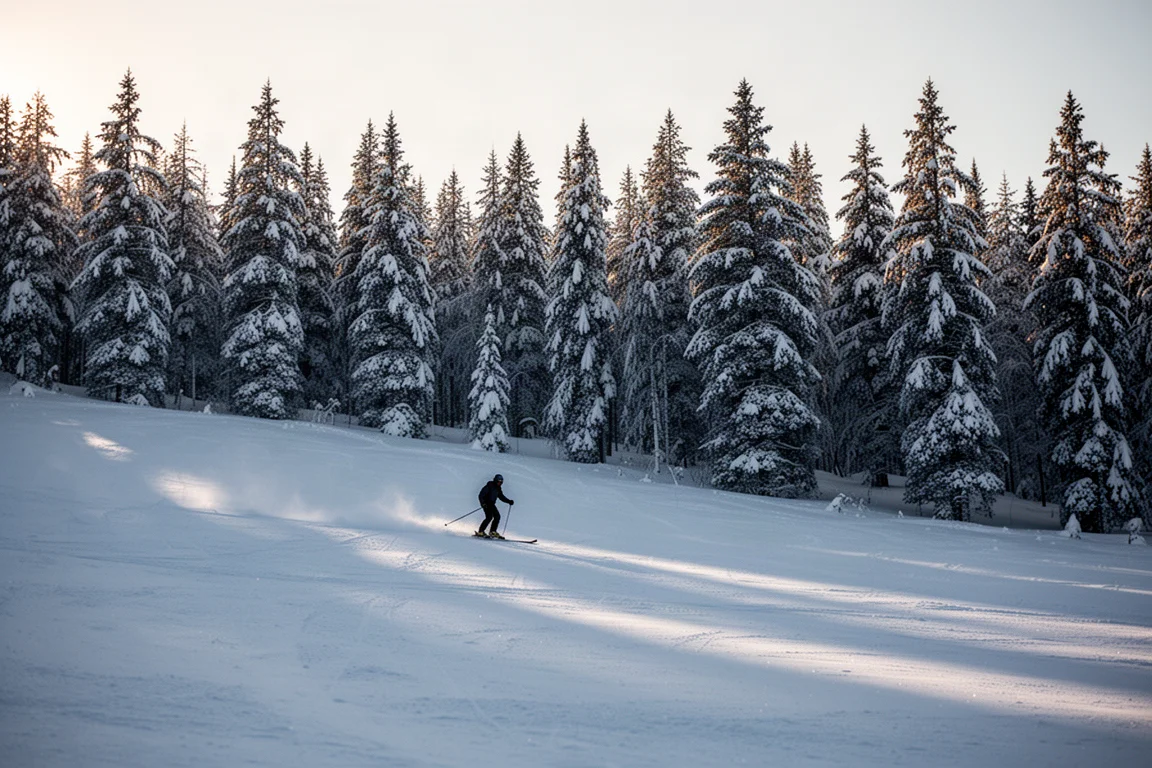Skier traversing across a snowy slope toward tree-lined runs