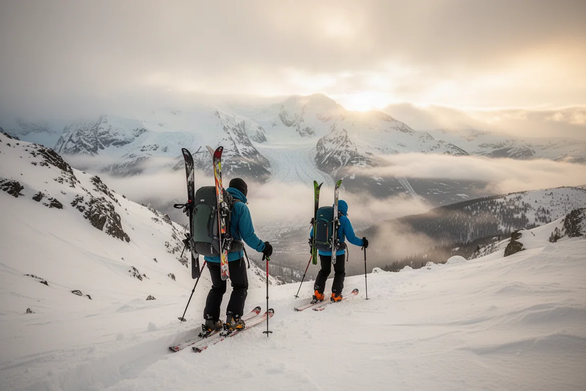 Skier hiking up a snowy ridgeline toward a mountain summit