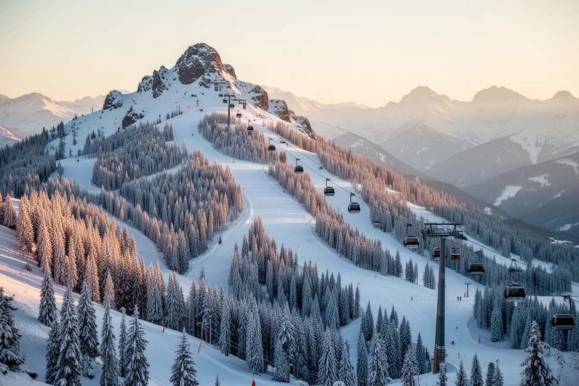 Vista alpina panoramica di una stazione sciistica innevata con piste ripide e una funivia all'ora dorata