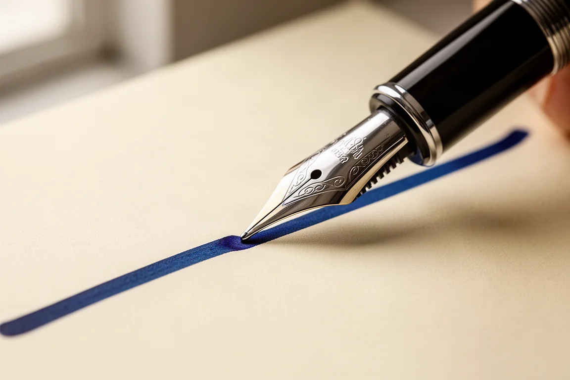 Vulpenpunt schrijft soepel op crèmekleurig papier met verzadigde blauwe inkt