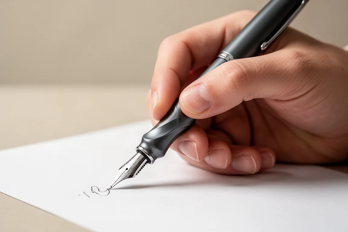 Handen passen de grip aan op een breed vulpenhandvat tijdens het schrijven
