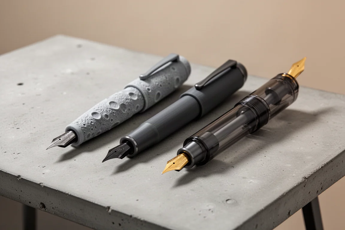 Three 3D printed fountain pens side by side on a concrete desk