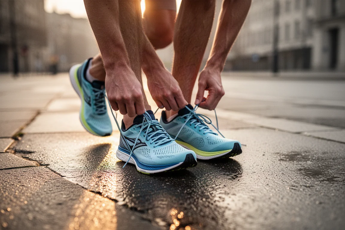Corredor amarrando tênis de corrida de rua antes de um treino de 10K ao amanhecer