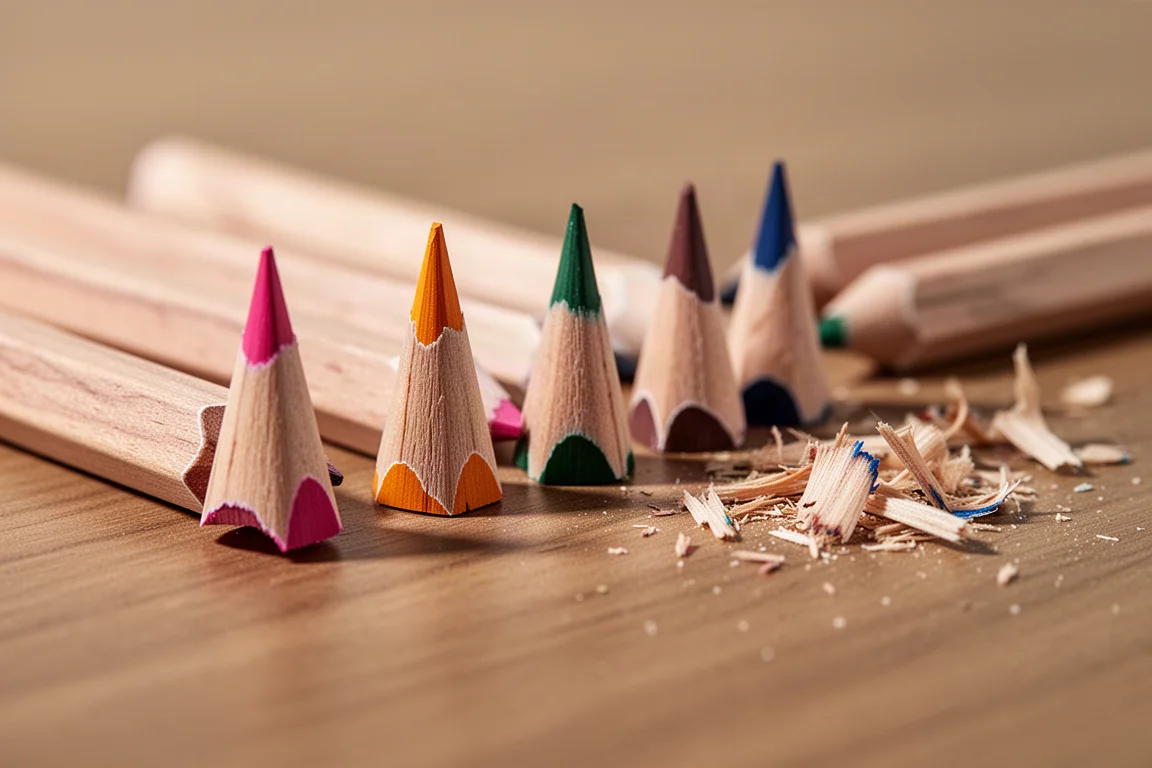 Pointes de crayons de couleur taillées rapprochées montrant des pointes fines sur une surface en bois