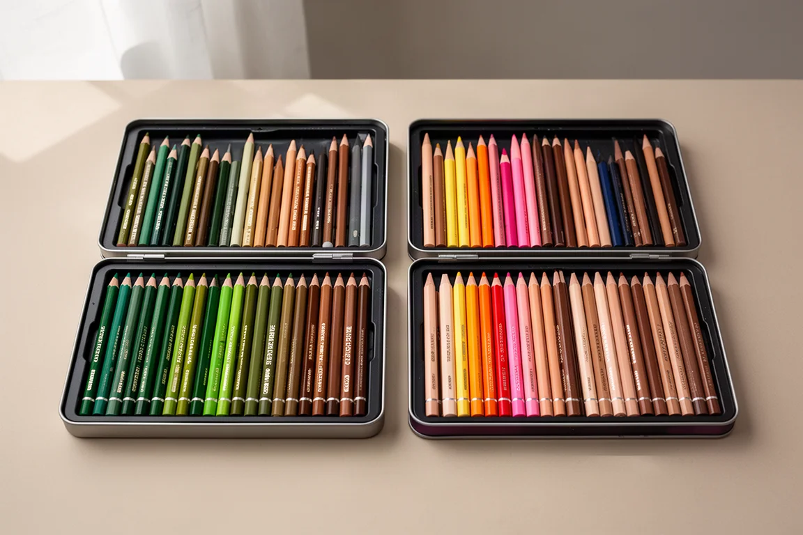 Deux grandes boîtes de crayons de couleur ouvertes côte à côte montrant des gammes complètes de couleurs sur une table d'atelier