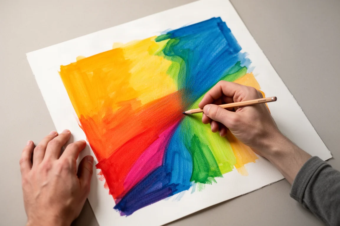 La mano di un'artista sfuma colori vivaci di matita in un'illustrazione brillante