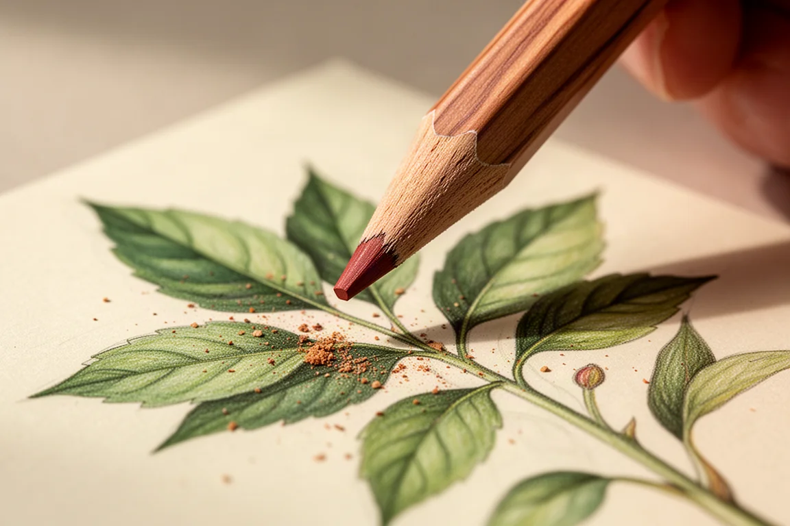Punta di matita colorata affilata a punta fine accanto a un'opera botanica