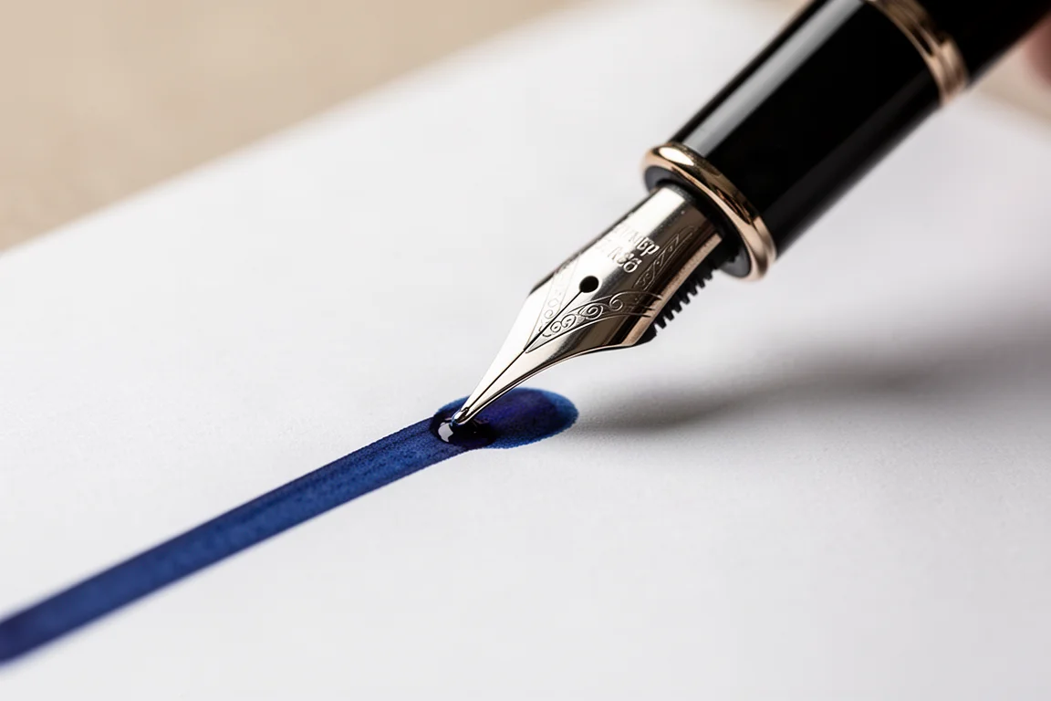 Fountain pen writing with deep blue ink on white paper