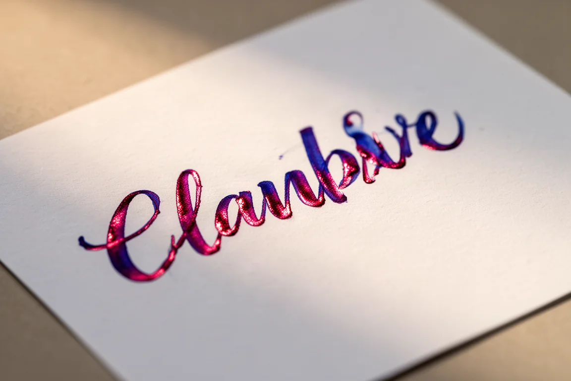 Blue ink with metallic red sheen drying on a page