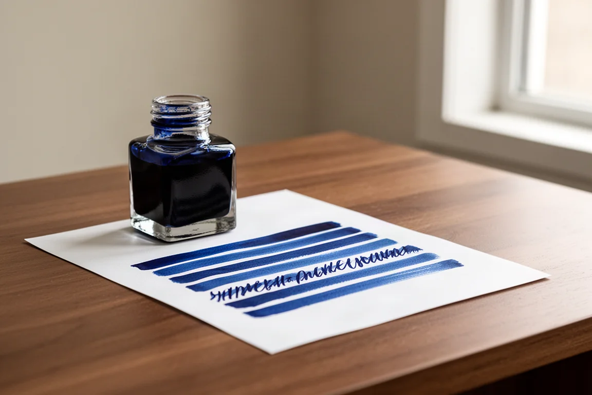 Ink bottle and handwritten sample in a classic sapphire blue