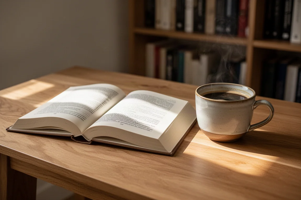 Open book beside a cup of coffee on a wooden desk in soft morning light