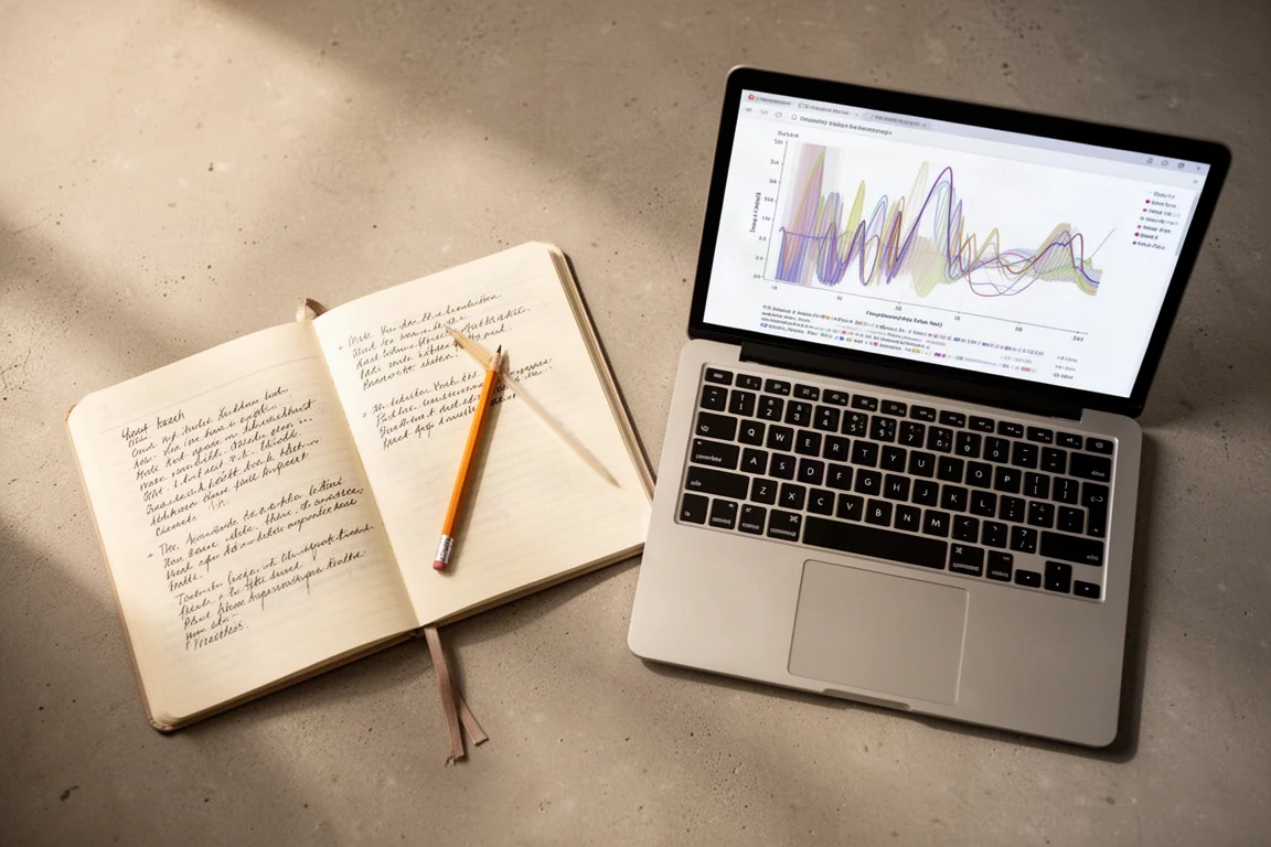 Two paired study sessions: handwritten notes beside a laptop running statistical analysis