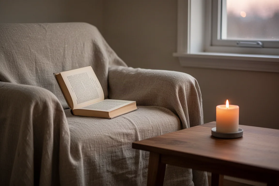 Quiet reading corner with a small handbook and a lit candle by a window