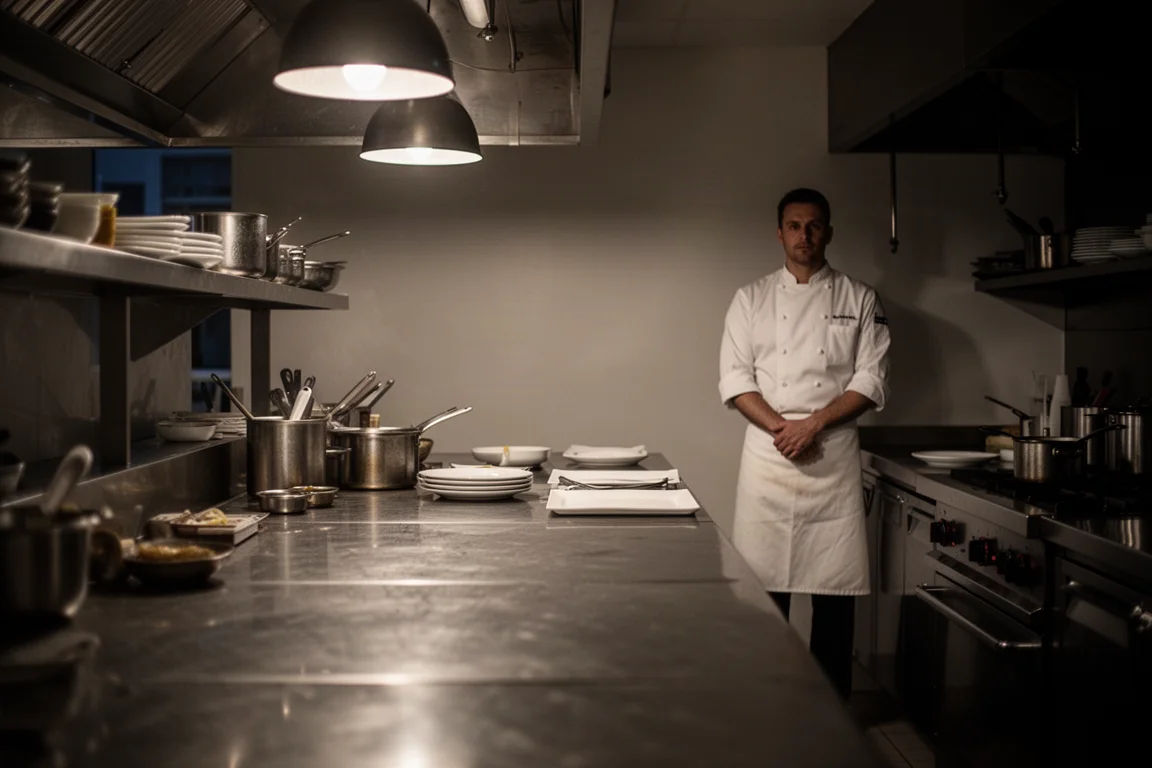 Professional chef standing calmly in a dimly lit empty kitchen at night