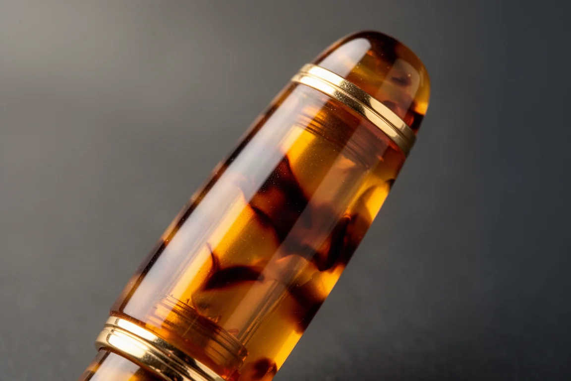 Rauchgrauer Füllfederhalter mit Roségold-Applikationen schreibt eine goldene Shimmer-Tintenlinie auf Papier