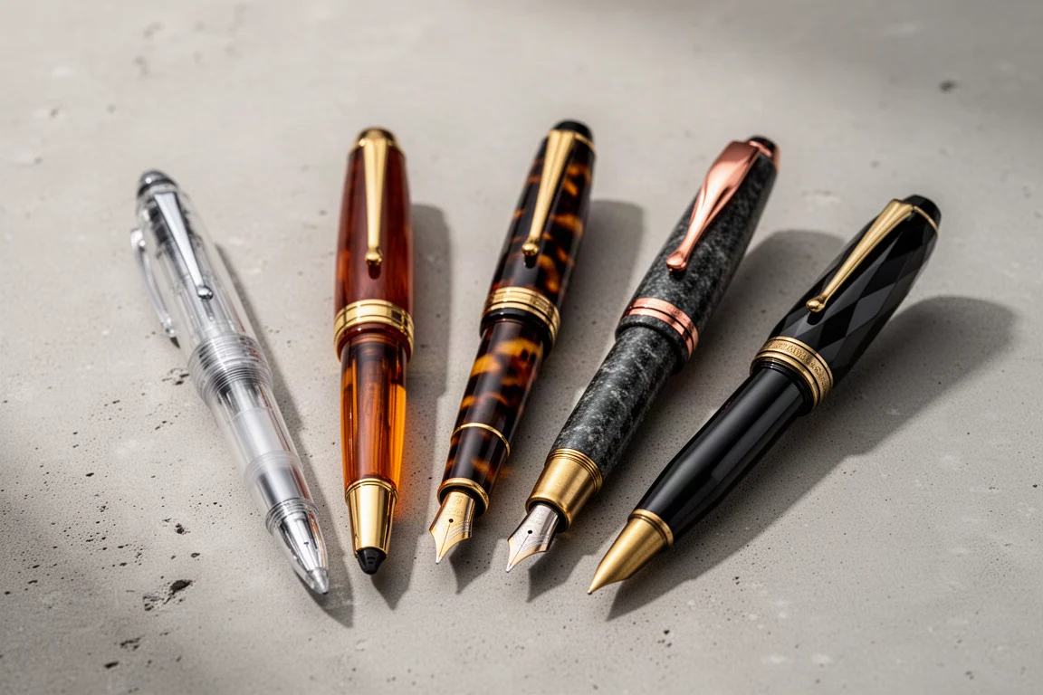 Five fountain pens arranged in a row on a dark wooden desk beside an open journal