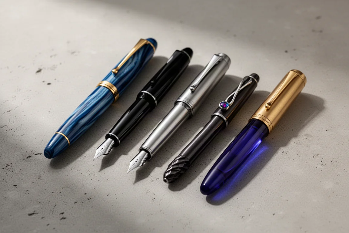 Cinque penne stilografiche dai design variati disposte in fila su una superficie di cemento