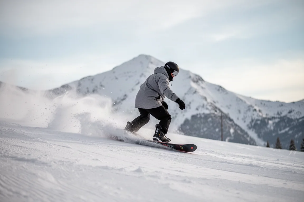 Snowboardåkare som snittar en sväng på en bred preparerad backe med färsk snö