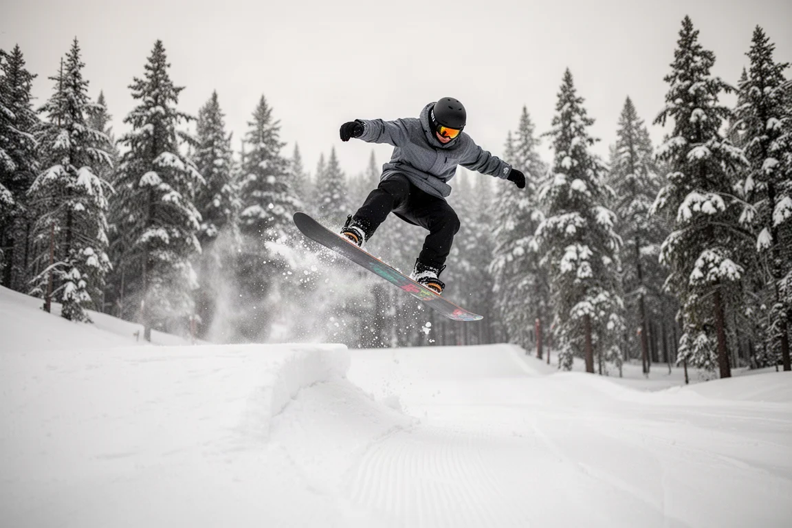 Snowboardåkare som poppar en ollie från en liten sidokant