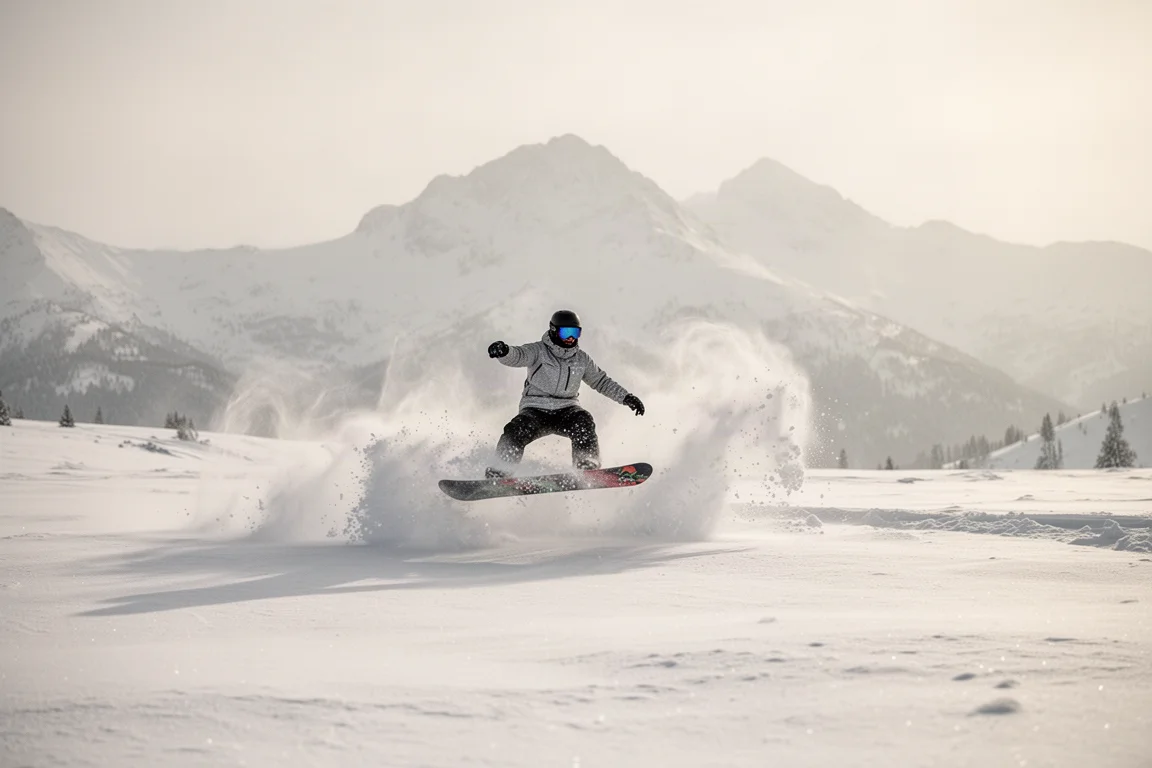 Snowboardåkare som svävar genom färsk pudersnöe i öppen terräng
