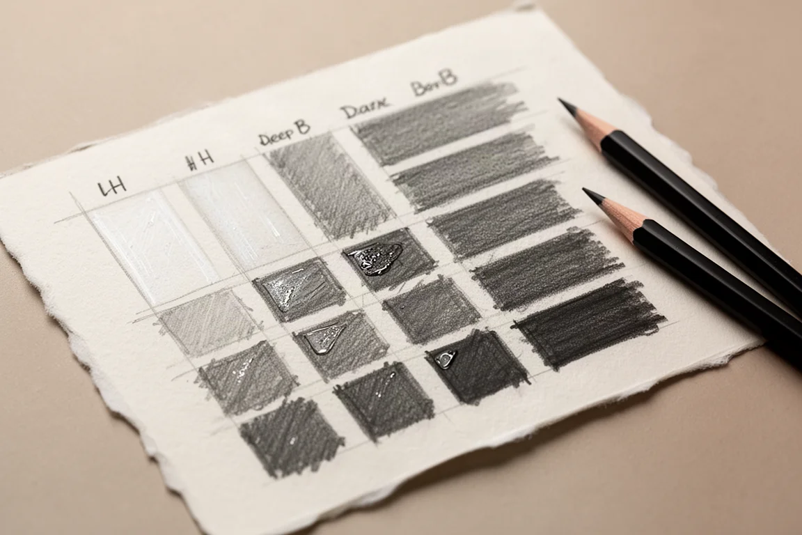 Tabla de muestras tonales dibujada a mano con grados de lápiz de grafito sobre papel con textura