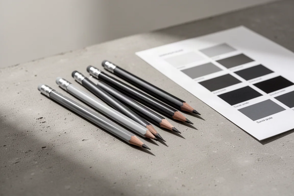 Five graphite pencils fanned out beside a tonal swatch sheet on a concrete surface