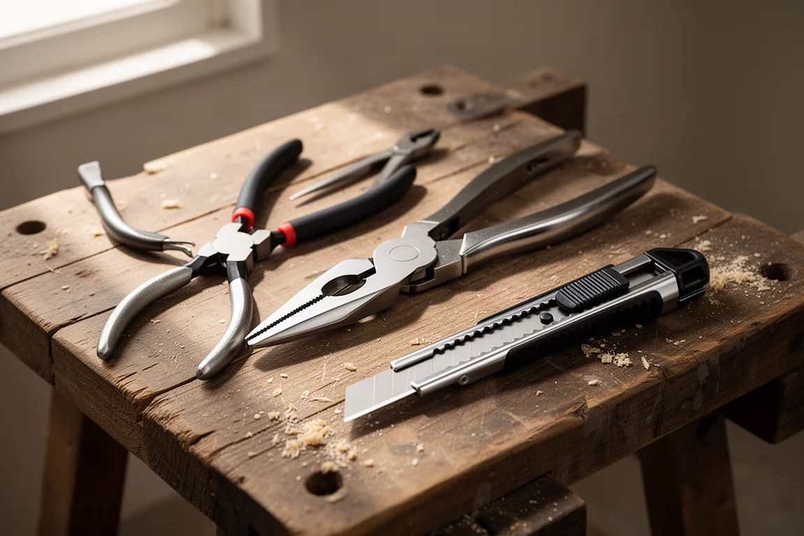 Pliers and a utility knife laid out on a workbench in soft light
