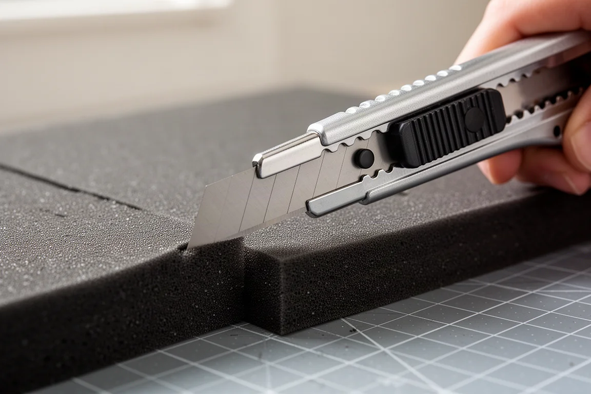 Utility knife with extended blade cutting through cardboard