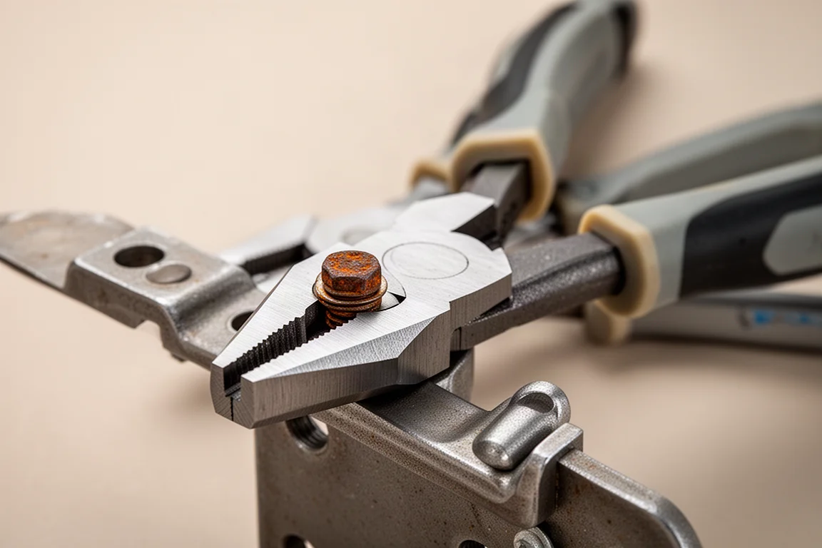 Close-up of plier jaws gripping a small stuck fastener