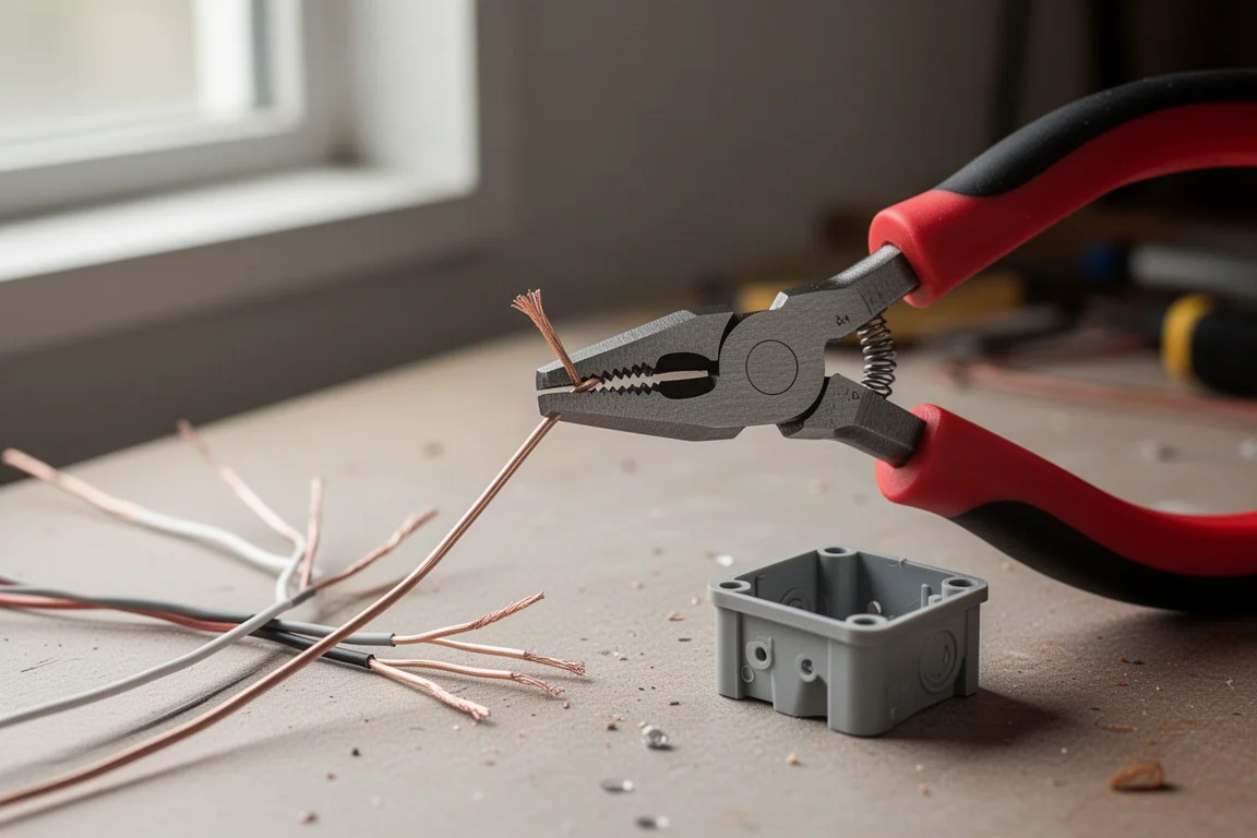 Electrical pliers trimming a wire near a junction box