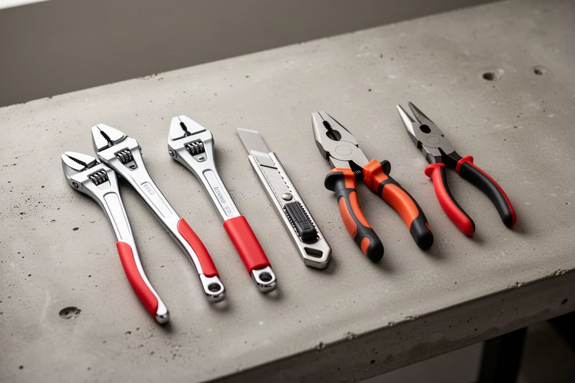 Cinque attrezzi a mano Knipex disposti su un piano da banco in calcestruzzo