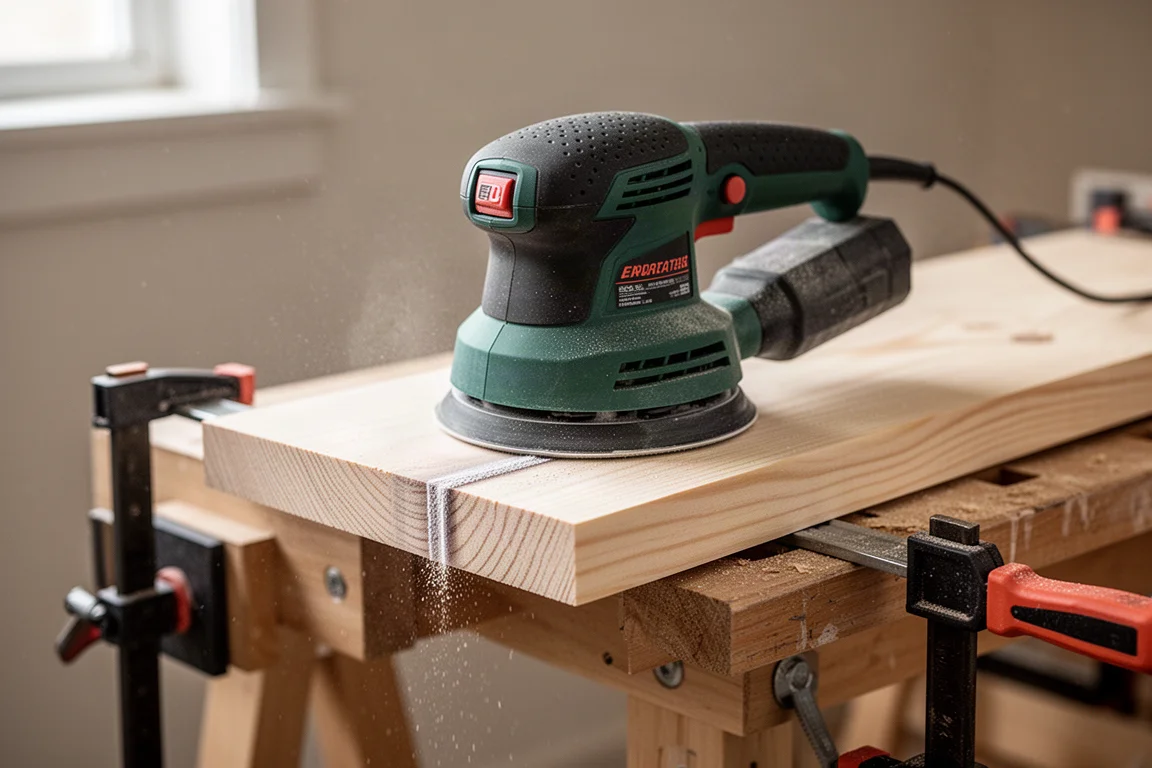 Handschleifer glättet eine frisch geschnittene Holzkante auf der Werkbank