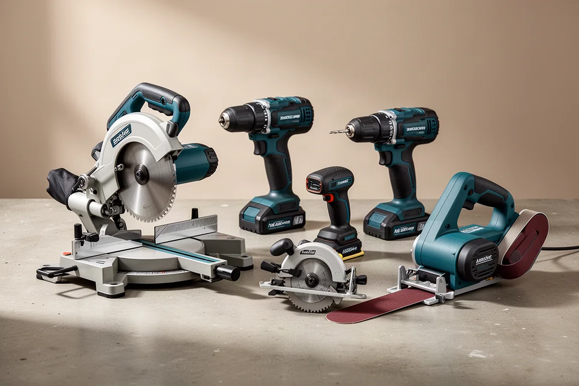 Five Makita cordless power tools arranged on a concrete workshop surface