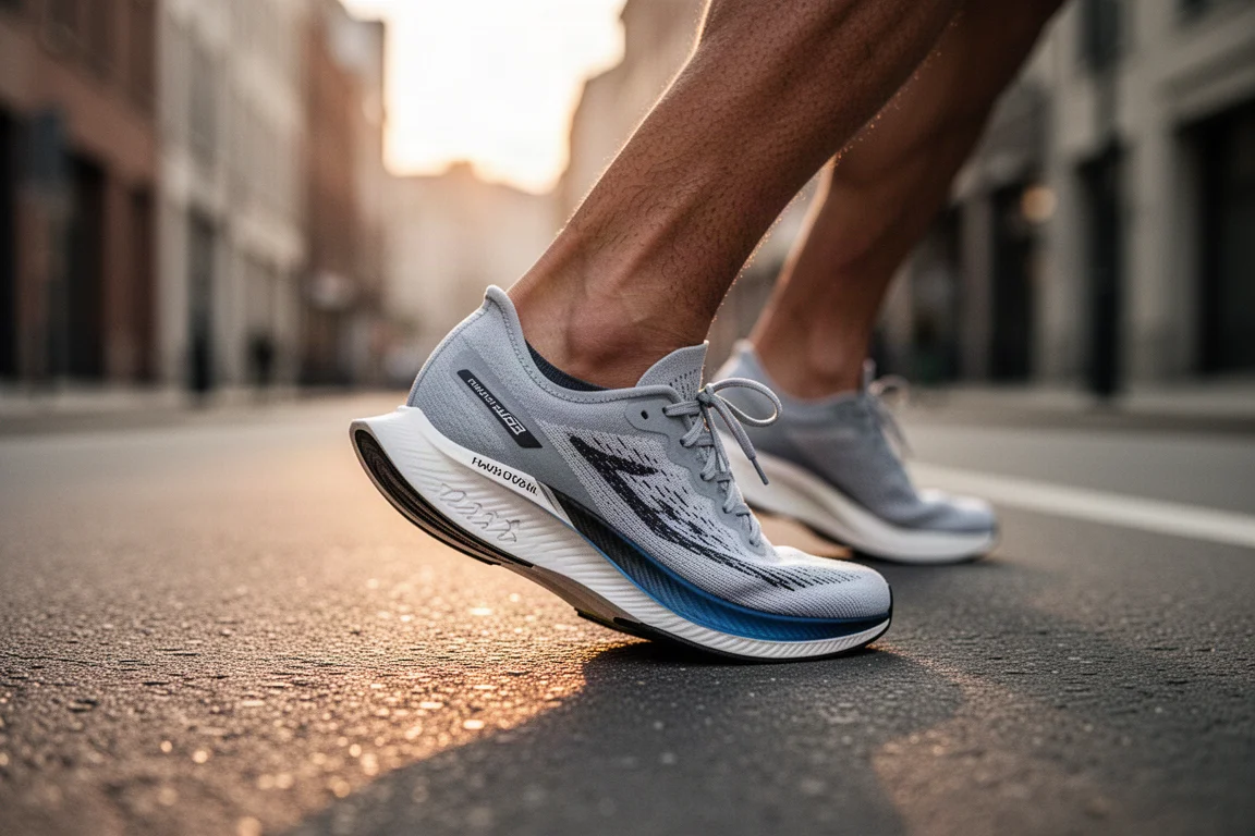 Läufer zieht einen Schuh mit Kohlefaserplatte vor einem Straßenrennen am frühen Morgen an