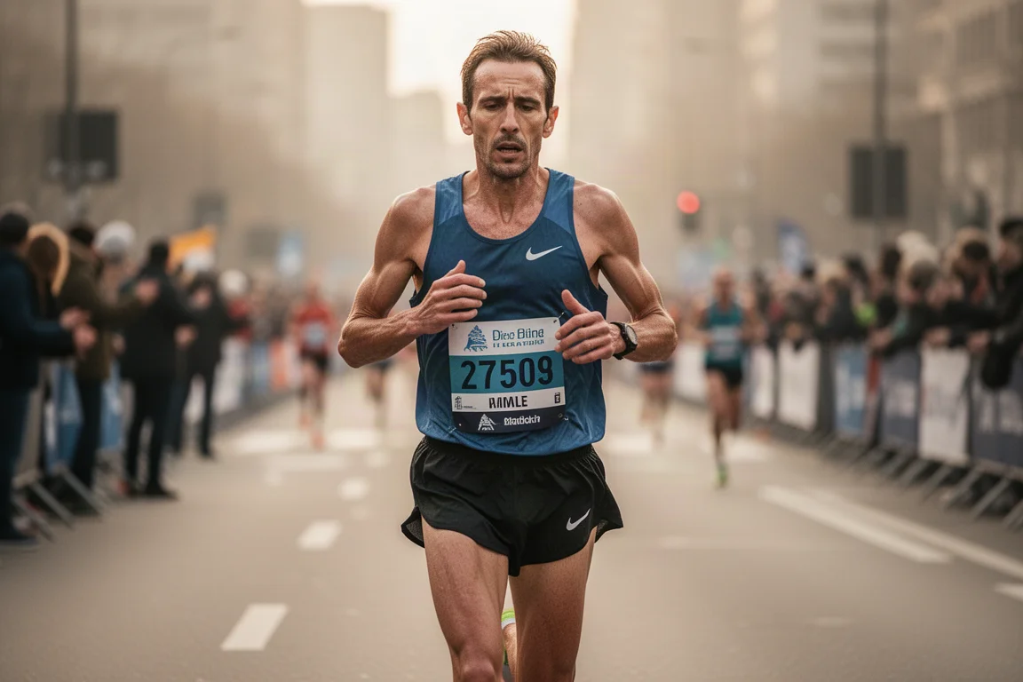 Marathonläufer hält auf müden Beinen seine Form in den letzten Kilometern eines Rennens