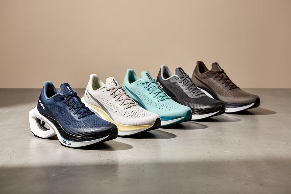 Five carbon-plated racing shoes arranged in a row on a concrete surface