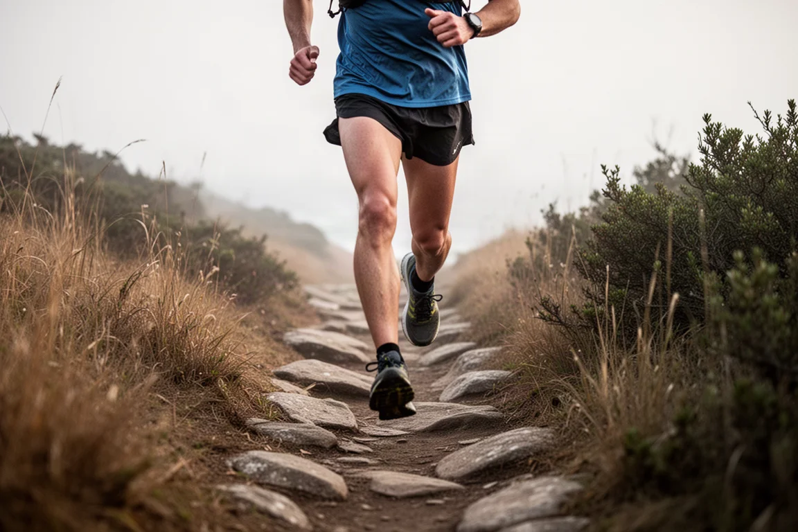Runner su strada che allaccia le stringhe di una scarpa da gara in carbonio alla partenza di una corsa cittadina