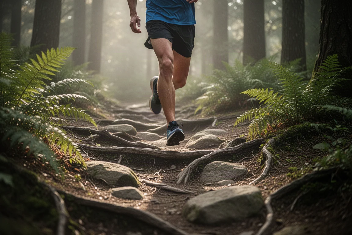 Runner che cammina su un sentiero forestale roccioso nella morbida luce del mattino