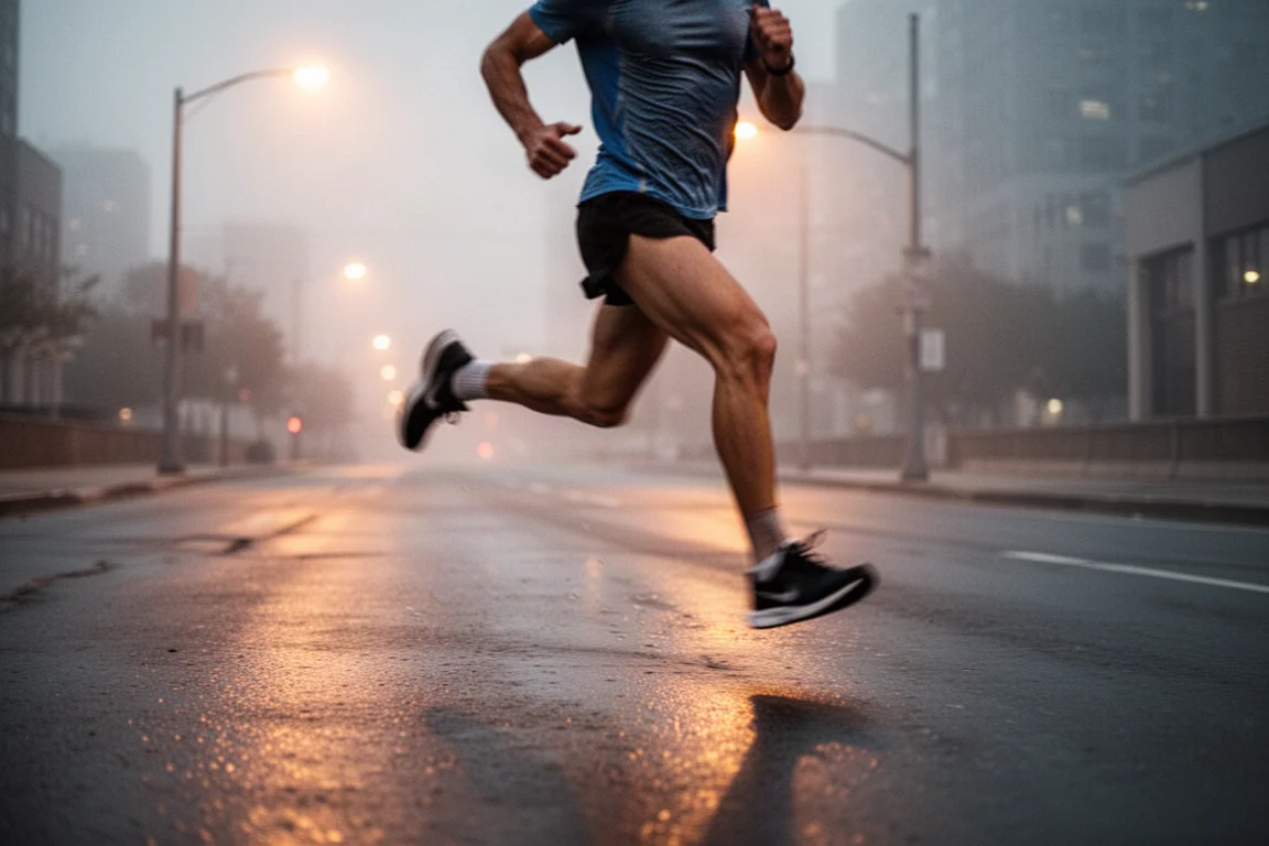 Runner al crepuscolo su una via cittadina deserta a metà del suo tempo