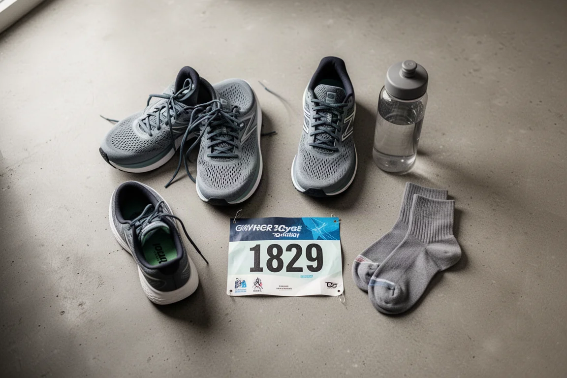 Vista dall'alto di scarpe da running e accessori disposti su cemento
