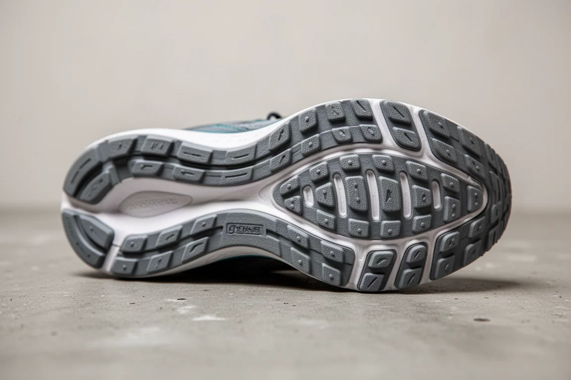 Dettaglio della gomma della suola e del tassellato di una scarpa da running
