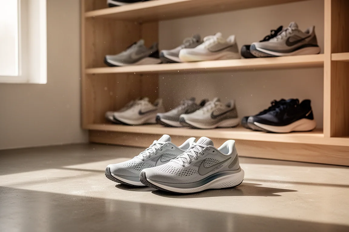 Rij hardloopschoenen op een houten plank, met één paar naar voren geschoven