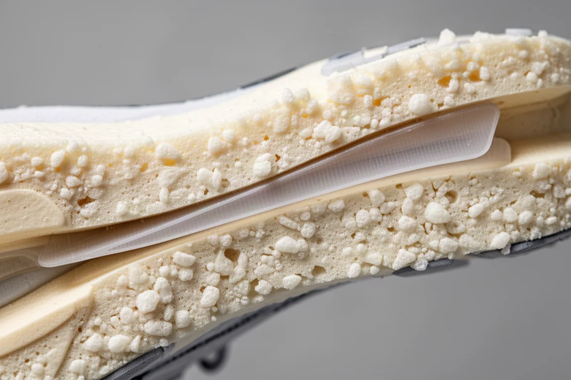 Detailopname van een flexibel nylon plaatje dat zichtbaar is in de zool van een versleten hardloopschoen