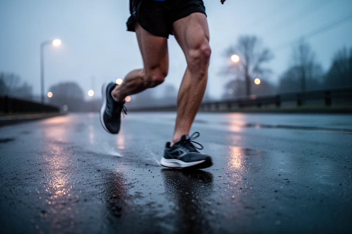 Hardloper landt op de middenvoet op nat asfalt tijdens een avondtraining