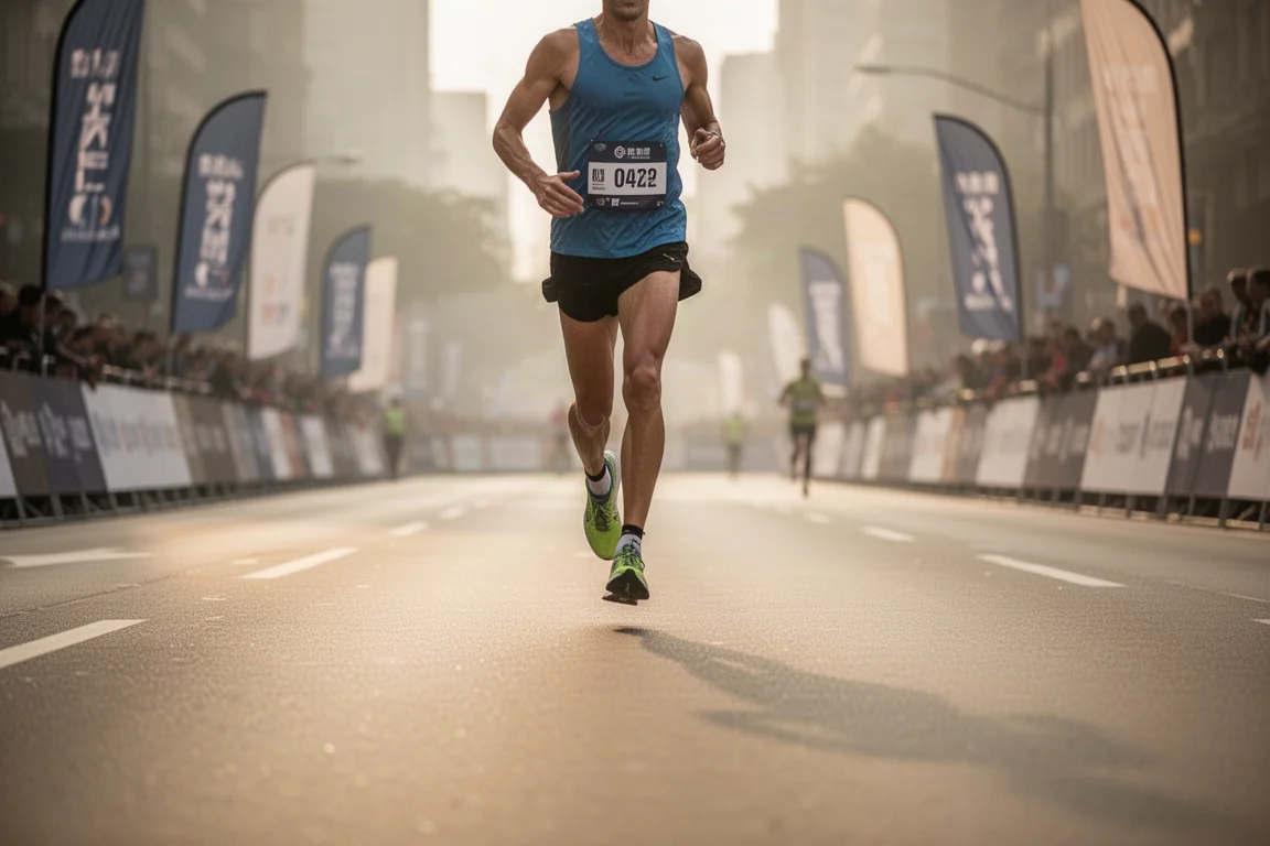 Hardloper finisht een 10 km wegrace op een open stadsstraat in ochtendlicht
