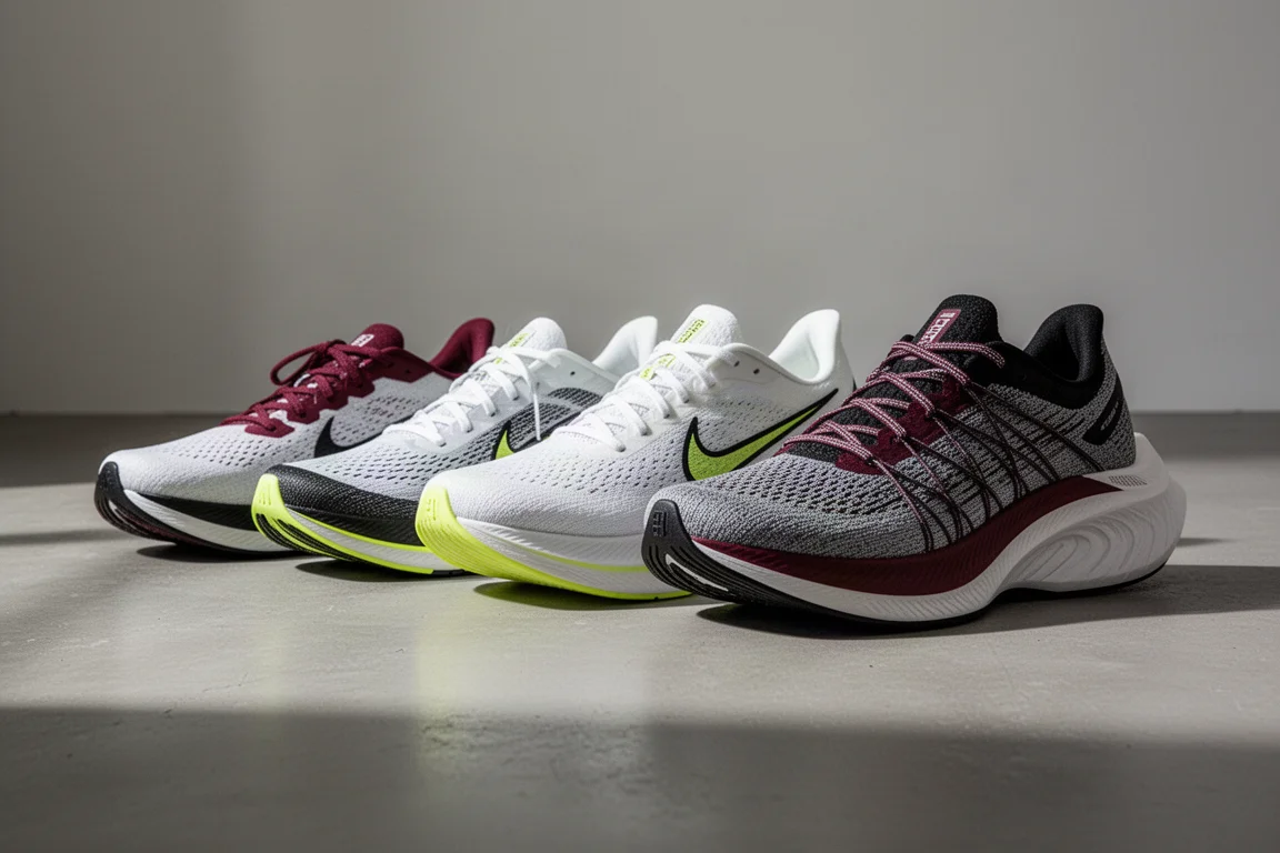 A row of modern running shoes arranged on a matte concrete surface