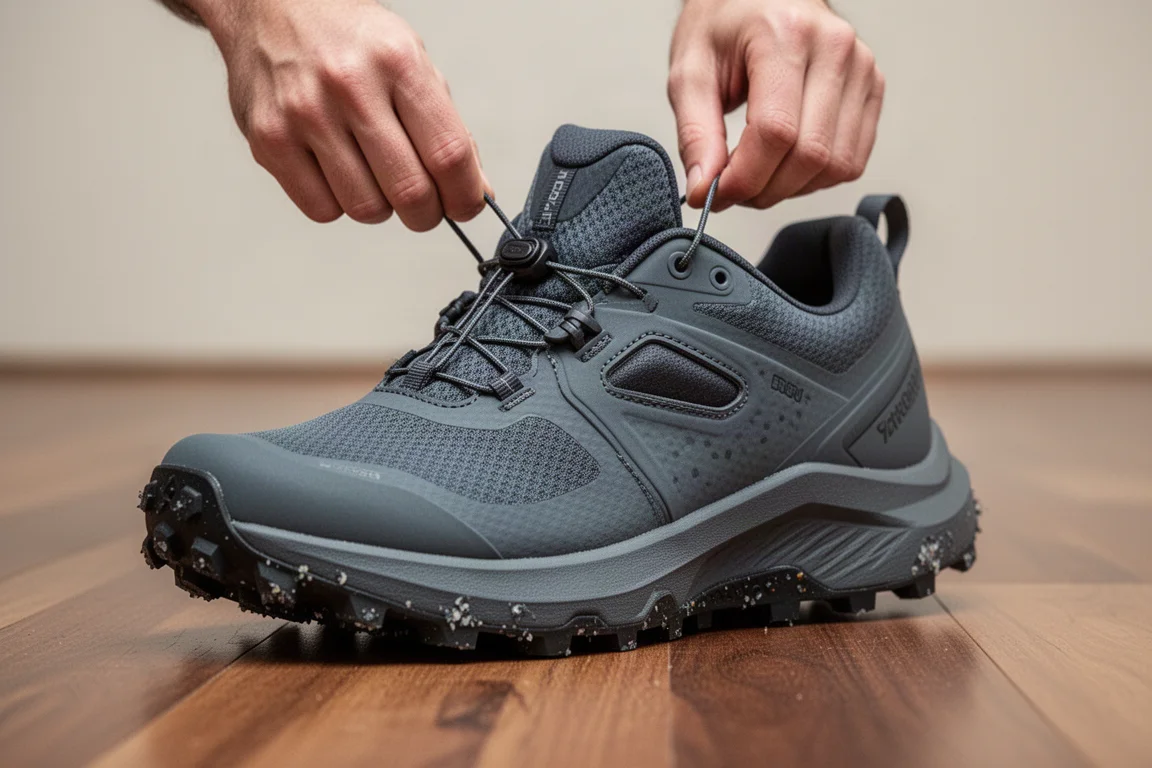 越野鞋鞋帶系統與 Vibram 大底在木地板上的特寫